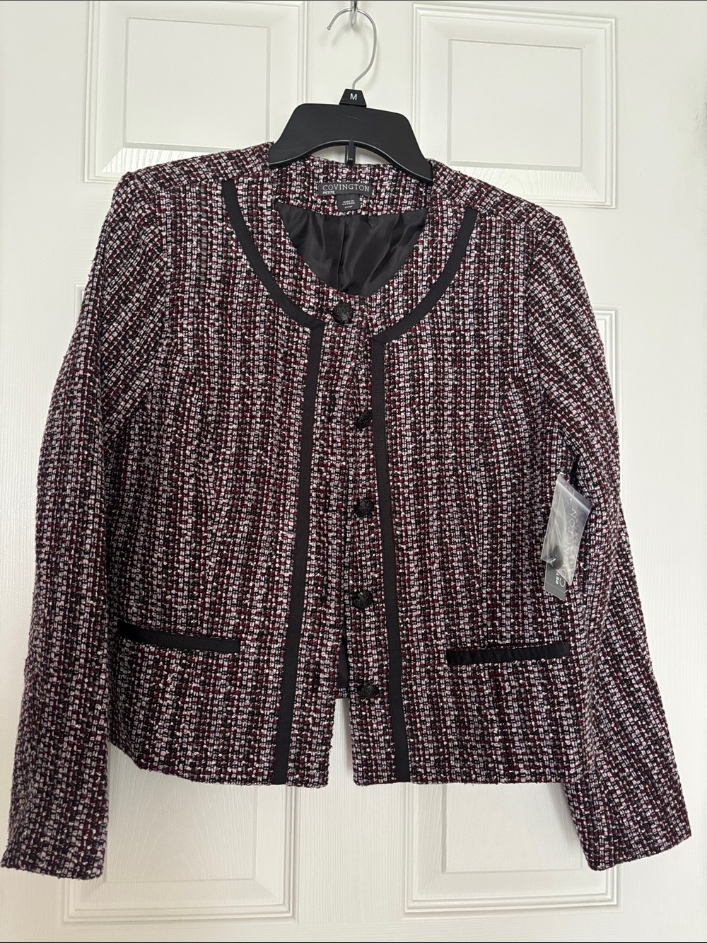 Covington Burgundy and Black Tweed Collarless Jacket